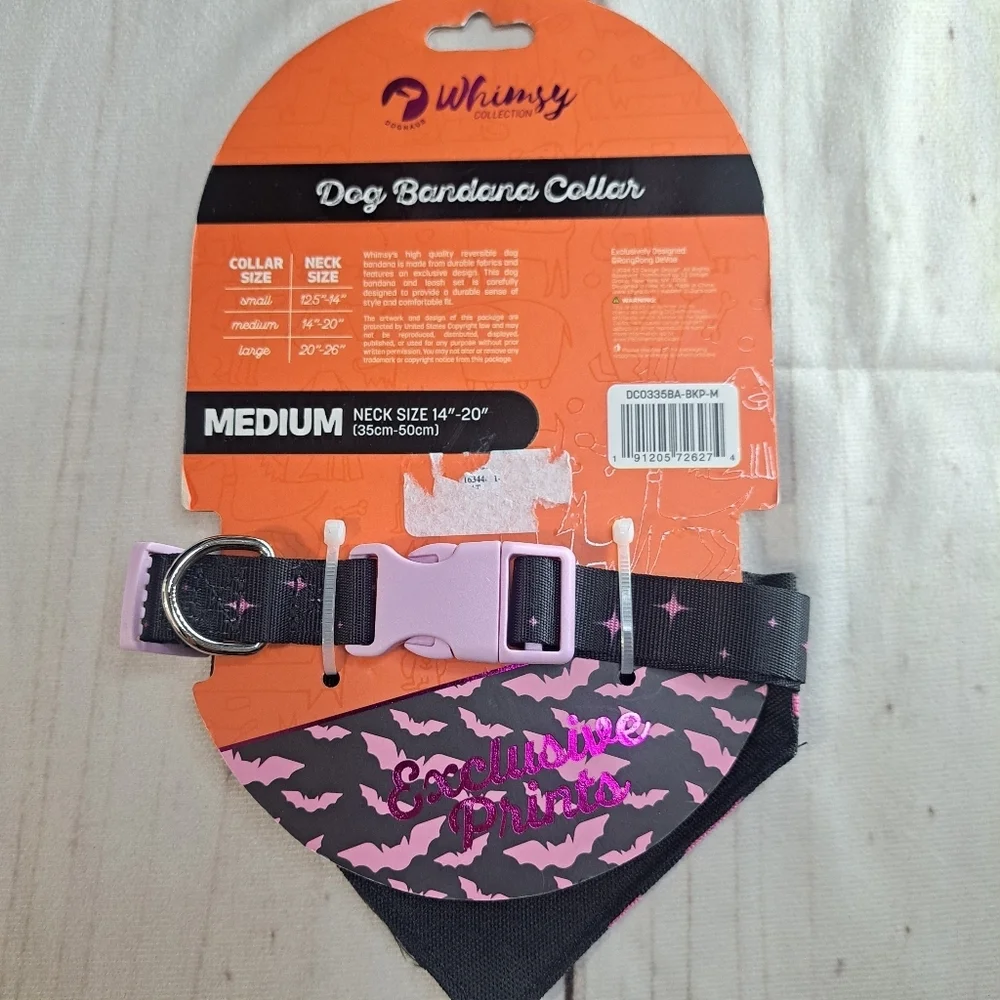 Black & Pink Bats Dog Bandana Collar Size Medium Reversible